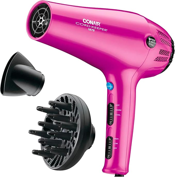 Conair Cord Keeper Hair Dryer | 1875W, Retractable Cord, for Multiple Hair Types, Includes Diffuser and Concentrator, Pink, 209BCX