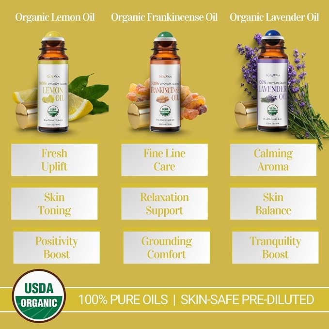 3PC Essential Oils Gift Set - Frankincense Lemon Lavender - Pure 100% USDA Organic - Skin Scalp Hairline Roots Nails Breathwork - Temple Chest Wrist - Natural Stone Roller Amber Glass Bottle Gift Box
