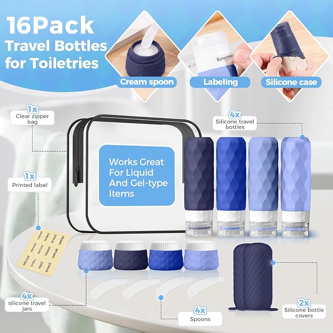 16Pack Travel Bottles for Toiletries, TSA Approved Travel Size Toiletries Containers Set, Silicone Leak Proof Refillable Bottles Elastic Sleeves Creams Jars Accessories Kit W/Clear Bag (Blue)