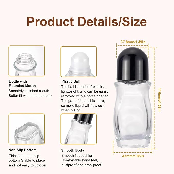 Clear Roll On Bottles, 3 Pack Deodorant Roller Bottles,50mL Essential Oil Bottle,Empty Glass Bottle with Plastic Ball for Perfume Refillable Travel Eye Rollers