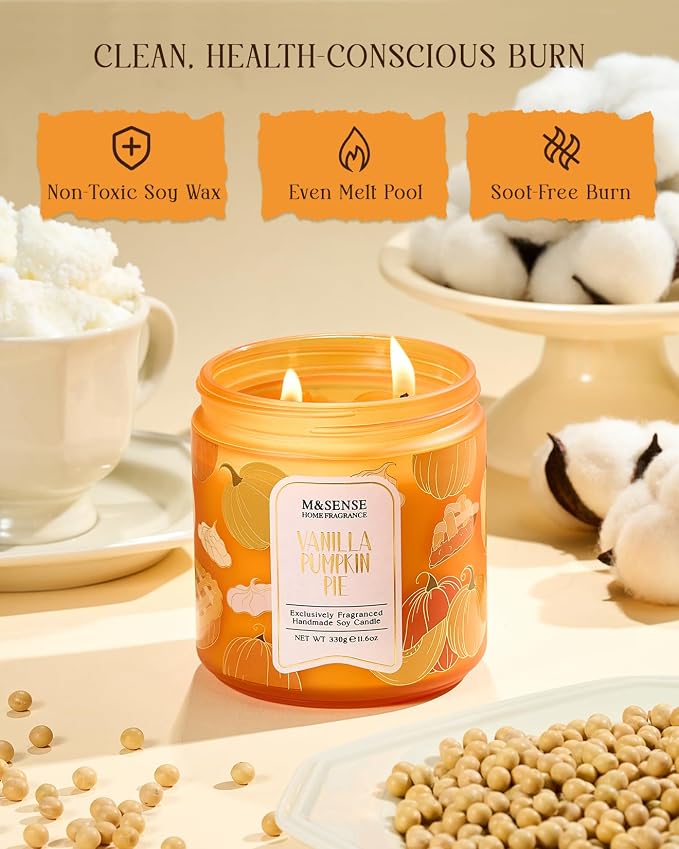 M&SENSE Vanilla Pie Scented Candles, 11.6oz Natural Soy Wax Non Toxic Double Wick 70 Hours Clean Burn Warm Spiced Scent Seasonal Holiday Gifts for Home Decor