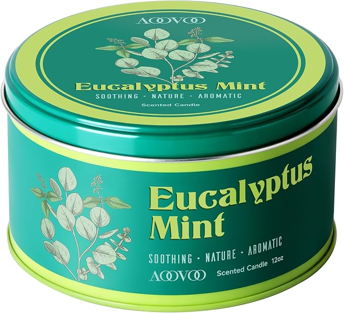 AOOVOO Eucalyptus Mint Candle for Relaxation - 3 Wick 12oz Large Scented Candle with Green Aventurine & Eucalyptus Leaves Inside, Soy Candles Non Toxic for Meditation, Stress Relief, Energy Cleansing