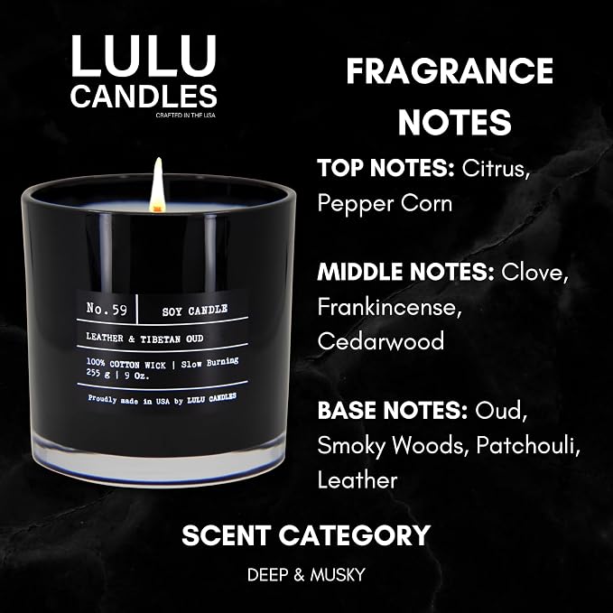 Lulu Candles | Leather & Tibetan Oud | Luxury Scented Soy Jar Candle | Hand Poured in The USA | Highly Scented & Long Lasting- 9 Oz.