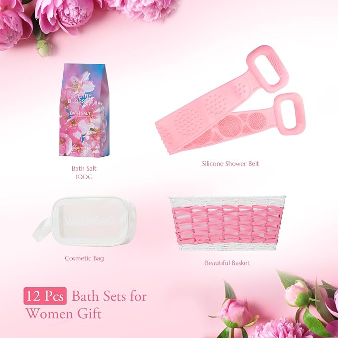 Spa Bath & Body Gift Set for Women, Large Spa Gift Set Basket for Women | Cherry Blossom Bath and Body Gift, spa kit Self Care Pampering Kit, Diffuser, Home Spa, cosmetic Bag, Birthday, Bridal Shower