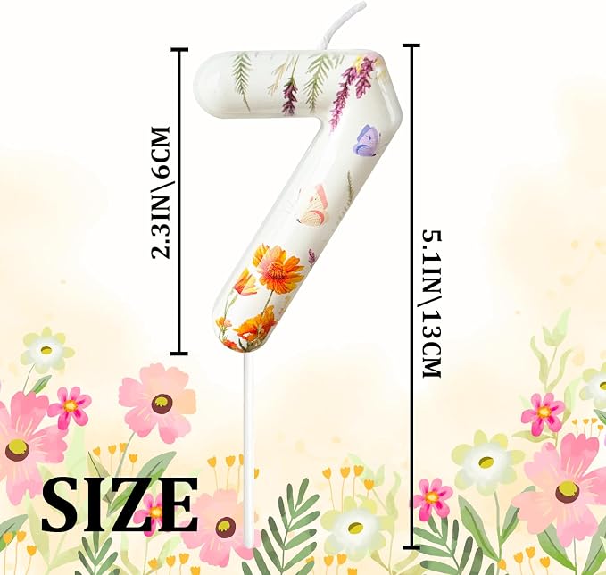 Number 7 Birthday Candle for Cake – Floral Botanical Design with Butterfly Detail – Elegant Cake Topper for Birthday, Garden Party Decoration