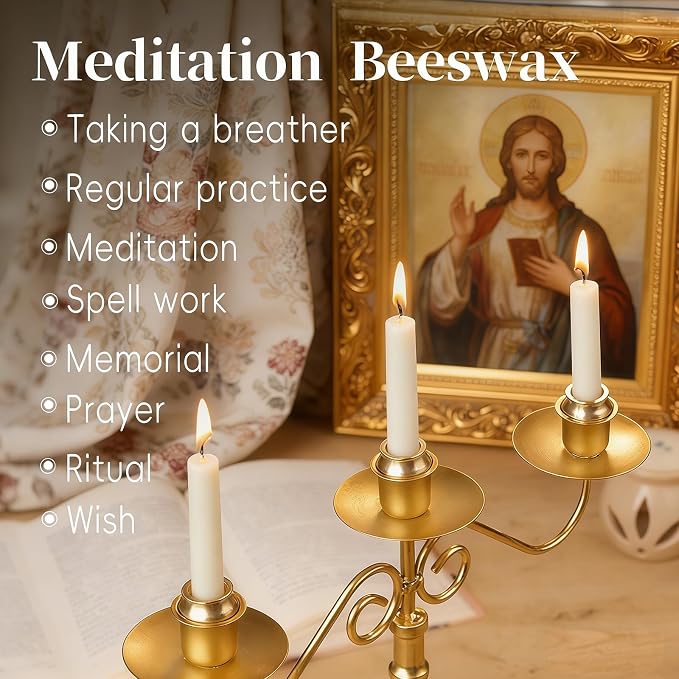 20 Minute Meditation Candles, 40 Pack White Beeswax Candles with Brass Candle Holders, Dripless Beeswax Taper Candles Gift for Yoga Relaxation