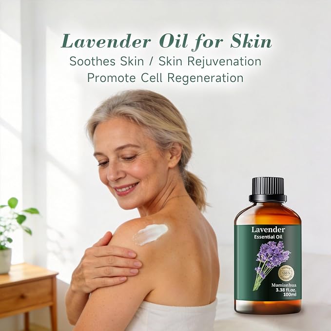 Lavender Essential Oil, Pure Mumianhua Natural Oil for Bedroom Tranquility & Evening Wind‑Down, Aromatherapy for Diffuser, Pillow Mist, Skin, Hair, Laundry, Candle Making – 3.38 Fl Oz