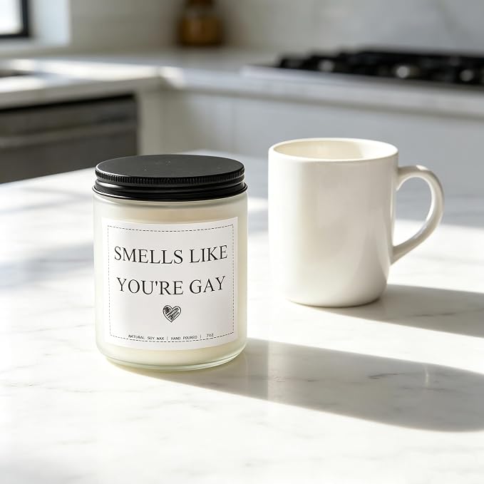 “Smells Like You’re Gay” Candle, Gay Gifts, Gay Pride Gifts for LGBTQ Boyfriend Men Friend Brother, Valentines Day Housewarming Anniversary Birthday Gift, Lavender & Eucalyptus, 100% Soy Wax, 7OZ