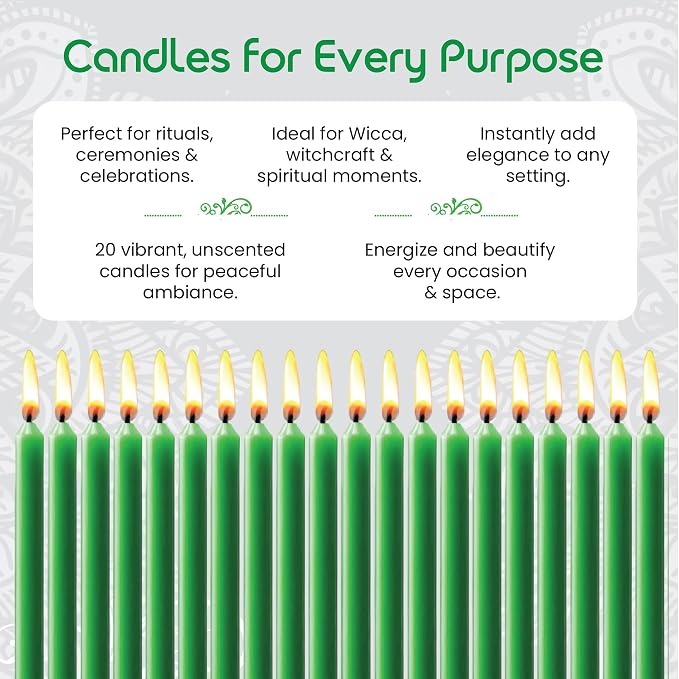 Set of 20 Solid Color Taper Candles – 4-Inch Dripless Paraffin Wax Candles with Cotton Wick – Ideal for Weddings, Shabbat, Holiday & Home Decor, Gift Set (Green)