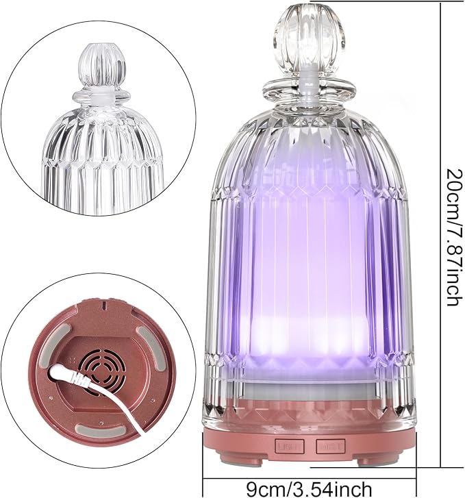 120ml Glass Essential Oil Diffuser, Ultrasonic Aroma Diffuser Glass Cover & Plastic Reservoir with Auto Shut-Off 7 Colors LED Lights for Home Office Bedroom(Bronze Base)