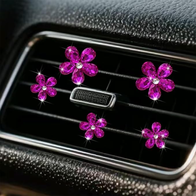 Bling Daisy Flower Car Air Vent Clips, 5PCS Sparkling Crystal Rhinestone Cute Vehicle Air Conditioning Clamp, Diamond Auto Air Outlet Clip Decor for Women Girls (Rose Red)