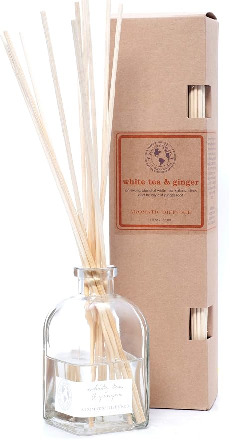 ECO CANDLE CO. Reed Diffuser Set, White Tea & Ginger, 4 oz. - Scents of White Tea, Spices, Citrus, Jasmine, & Ginger - Premium Fragrance and Essential Oil Blends, Clear Glass, 12 Reeds, Recycled Box