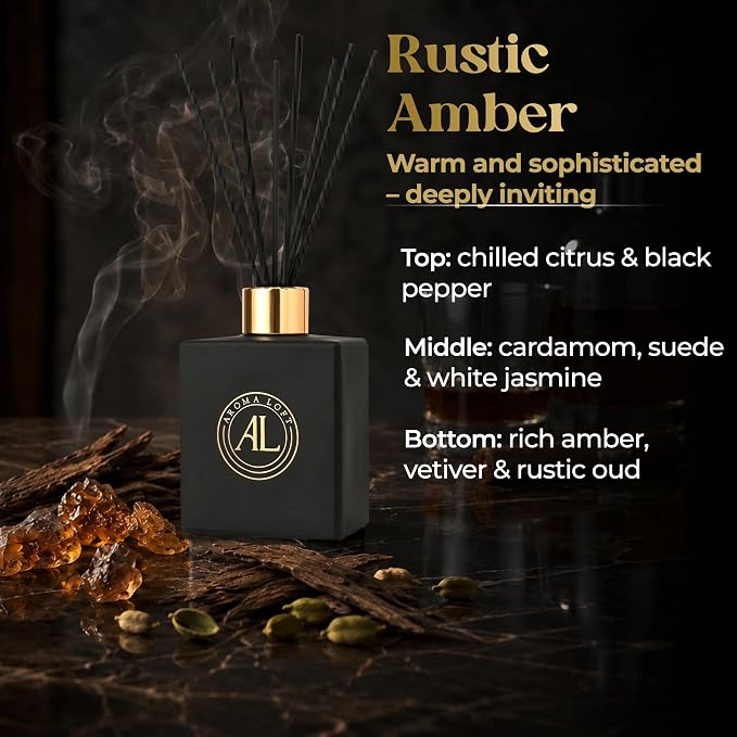 Reed Diffuser - Fragrance Diffuser for Home - 5 oz. Oil Diffuser Sticks - Bathroom Diffuser Set- Oil Diffuser Reeds - Scent Sticks in Oil-Office Smell Good Stuff (Black, Rustic Amber)