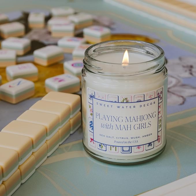 Sweet Water Decor Mahjong Candle, Mahjong Gifts for Women, 9oz Jar with Gold Lid, 40 Hour Burn Time, Non-Toxic Soy Wax Candle Scent Notes of Sea Salt, Citrus, Musk & Amber, Unique Game Night Decor