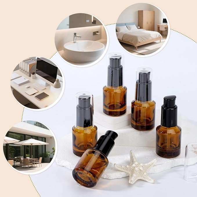 Segbeauty 0.5oz Empty Glass Refillable Travel Bottles, 5pcs Lotion Pump Bottle Dispenser, 15ml Amber Mini Empty Travel Size Bottles for Creams, Small Lotion Dispenser with Pump Liquid Container
