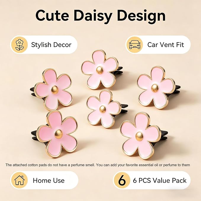 6 Pcs Pink Daisy Car Vent Clip Essential Oil Diffuser | Comes with unscented cotton pads, refillable, cute decor for car, bedroom and bathroom as gift