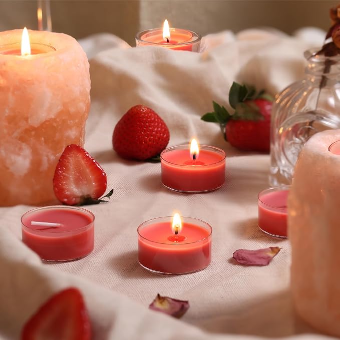DEVI Strawberry Scented Tealights Candles 48 Pack, 3.5-4 Hours Natural Palm Tea Candles Bulk for Home Scented, Red Small Votives with Essential Oils for Home Aromatherapy, Gifts