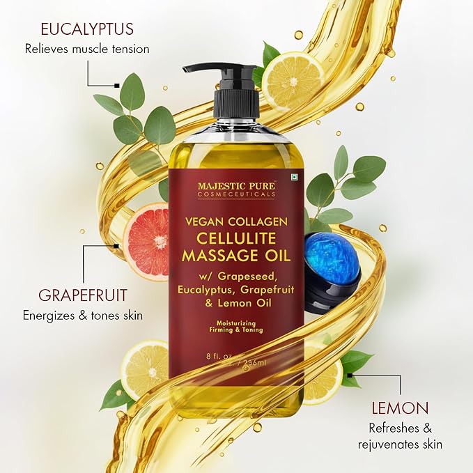 Majestic Pure Cellulite Massage Oil for Massage Therapy- Refreshing and Relaxing- Natural Oils with Grapeseed, Eucalyptus, Grapefruit & Lemon Oil- All Skin Types- Men and Women Massage Lotion- 8 fl oz