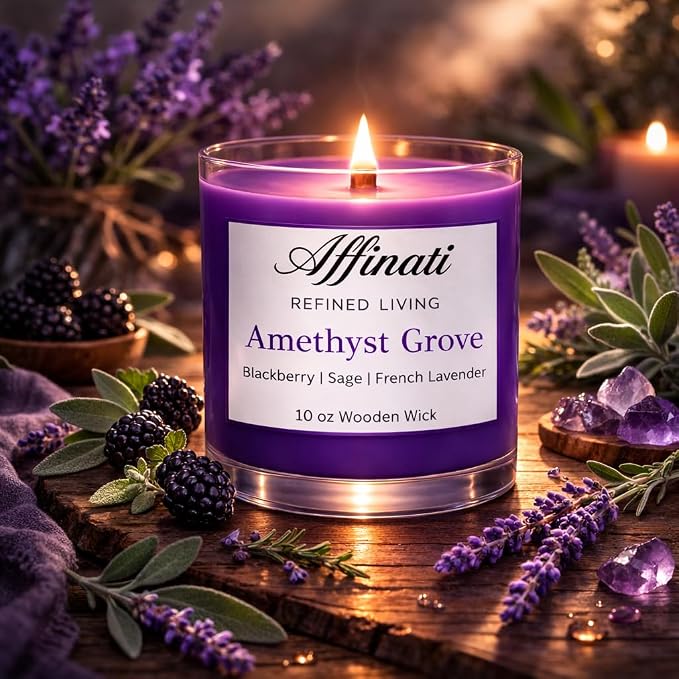 Affinati Amethyst Grove Scented Candle, 10 oz Wooden Wick Tumbler Jar – Highly Fragrant Mystical Sweet Floral Aromatherapy, Crystal Soy Gift