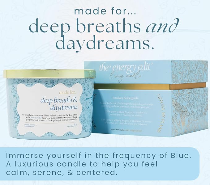 Blue Crystal Candle for Women – 12oz Large Luxury Soy Wax with Crackling Wood Wick, Slow Burn Meditation with Healing Crystals, Birthday or Mother’s Day Gift