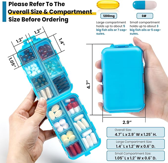 14 Grids Travel Pill Organizer Box with 415-Pcs Medicine Name Labels - Pocket Daily Pharmacy Case Container Kit - Travel Medication Holder Dispenser for Fish Oil Vitamin Supplement Storage - Blue