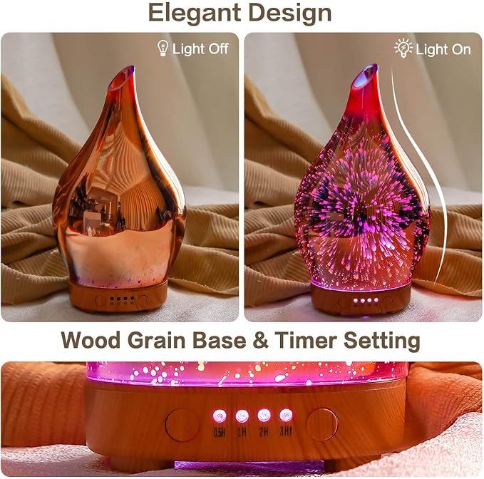 Porseme 150ml Essential Oil Diffuser Hand-Blown Glass Aroma Diffusor, Aromatherapy Unltrasonic Cool Mist deffuser, 7 Color Changing, Waterless Shut-Off, Timer Function for Home Office(Rose Gold)