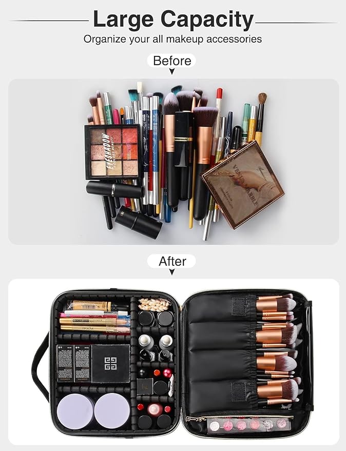 Relavel Travel Makeup Train Case Makeup Cosmetic Case Organizer Portable Artist Storage Bag with Adjustable Dividers for Cosmetics Makeup Brushes Toiletry, Black with Gold Zipper