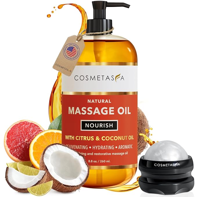 Natural Nourishing Massage Oil with Massage Roller Ball - Therapeutic Citrus & Coconut Massage Oils with Rejuvenating, Hydrating & Aromatic Essential Oils for Dry Skin, Soothes Muscle & Joints 8.8 oz