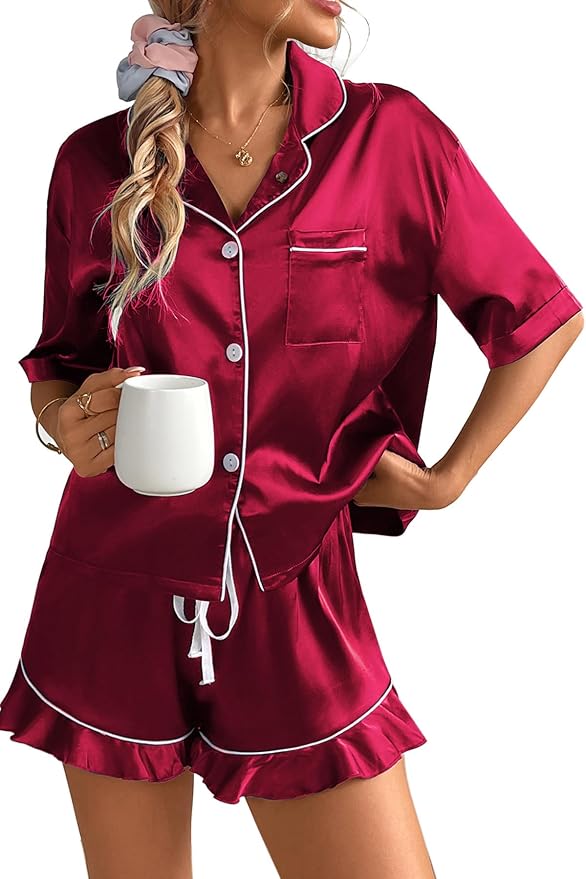 CHYRII Womens Silk Sleepwear Short Sleeve Ruffle Shorts Pajamas Sets Loungwear Burgundy XL