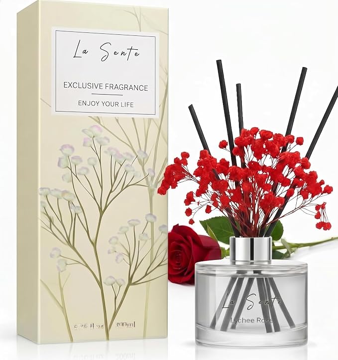 Reed Diffuser Set (6.7fl oz), Natural Lychee Rose Essential Oil Fragrance with Glass Bottle, Black Rattan Sticks & Preserved Flowers, Up to 120 Days Lasting Fragrance for Home & Office