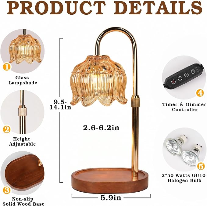 Funistree Flower Candle Warmer Lamp with Timer, Dimmable Candle Lamp Warmer, Christmas Birthday Gifts for Women Mom Her, Housewarming Home Decor, Lotus Wax Warmer for Yankee - Lily Gold 10 Inch