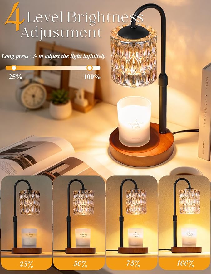 Briever Dimmable Candle Warmer Lamp with Timer, Height Adjustable Electric Candle Wax Warmer, Birthday Gifts for Women Mom, House Warming Gifts New Home Decor, Solid Wood Base, Walnut Champagne