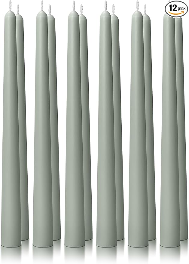 12PK 10" Classic Taper Candles, Sage Green, 7-8 Hours Long Burning, Unscented Tall Candlesticks