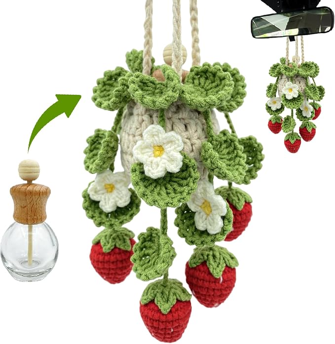 Crochet Car Air Freshener, 15ml Empty Refillable Oil Diffuser Bottle with Hanging Crochet Strawberry Plant for Car Rearview Mirror Air Freshener Diffuser for Home, and Office Decor