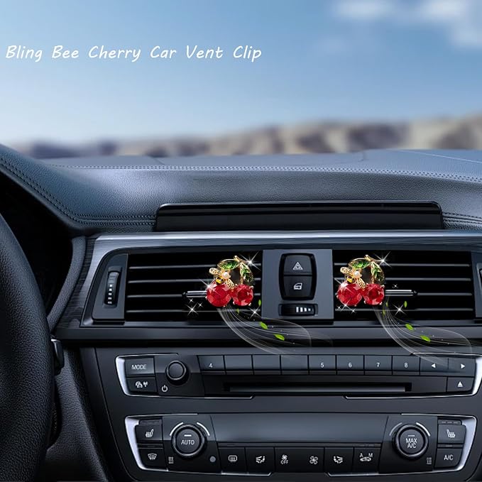 ORIESSE Cherry Car Decor,2pcs Bee Leaf Cherry Car Air Freshener Vent Clips,Cute Retro Sweet Themed DashBoard Decoration Accessories for Women Teens,Refillable Aroma Diffuser