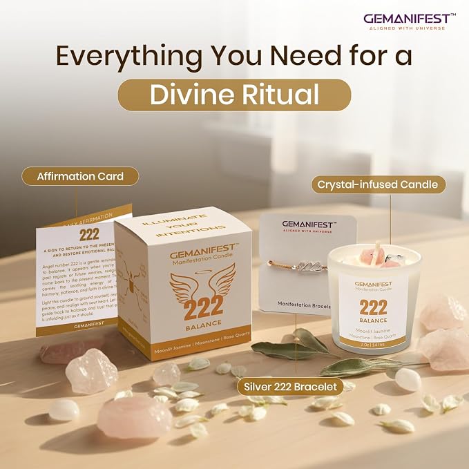 Angel Number 222 Manifestation Candle Crystal Infused Soy Wax with Moonstone & Rose Quartz Moonlit Jasmine Scented Spiritual Gift for Balance Meditation Affirmation and Energy Alignment