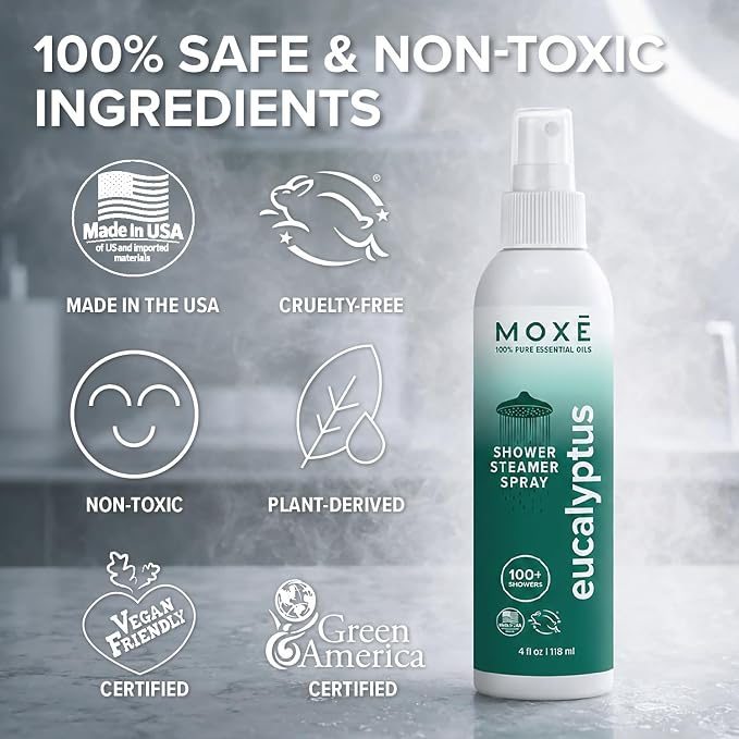 MOXĒ Eucalyptus Oil Shower Mist, Spa Steam Spray, Certified Natural 100% Essential Oils, Made in USA, Aromatherapy, Sinus Congestion Relief, Tension Relief, 4 Ounces