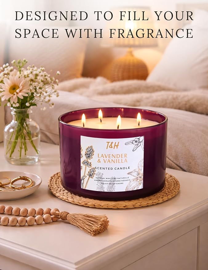 Lavender Vanilla Candle | 4 Wick Extra Large Scented Soy Candles 20 oz | Highly Scented Aromatherapy Lavender Candle for Women | Relaxing Stress Relief Home Scent | Long Lasting Clean Burn