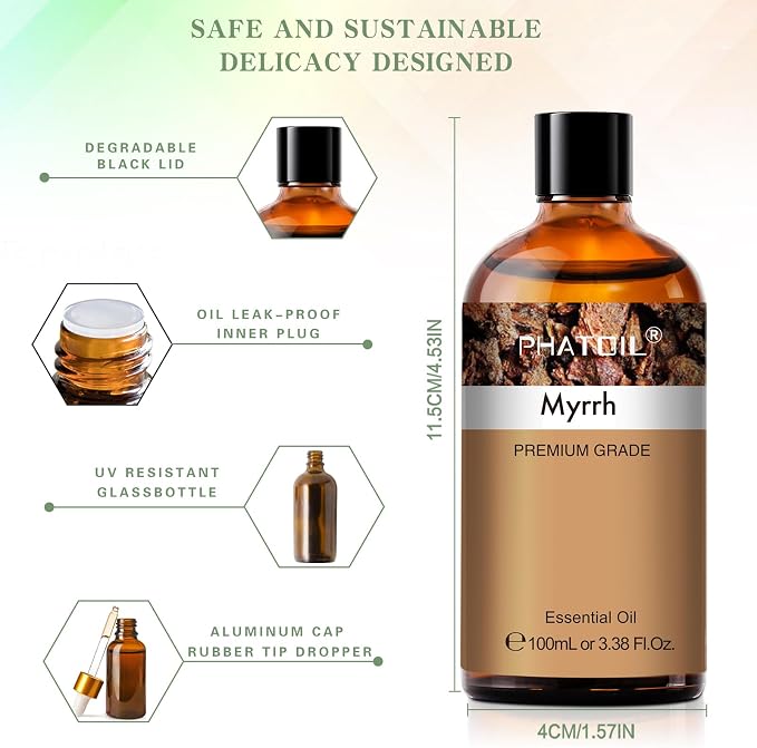 Myrrh 3.38fl.oz Essential Oil, PHATOIL Pure Aromatherapy Oils for Diffuser, Humidifier, Perfect for DIY Soap, Candle, Bath Bombs Making(100ml)