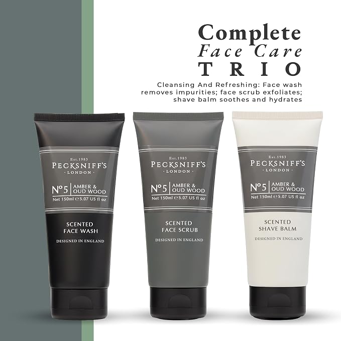 Pecksniff’s Men’s Trio Collection – Amber & Oud Wood – Face Wash, Scrub & Shave Balm Gift Set, 3 x 75ml