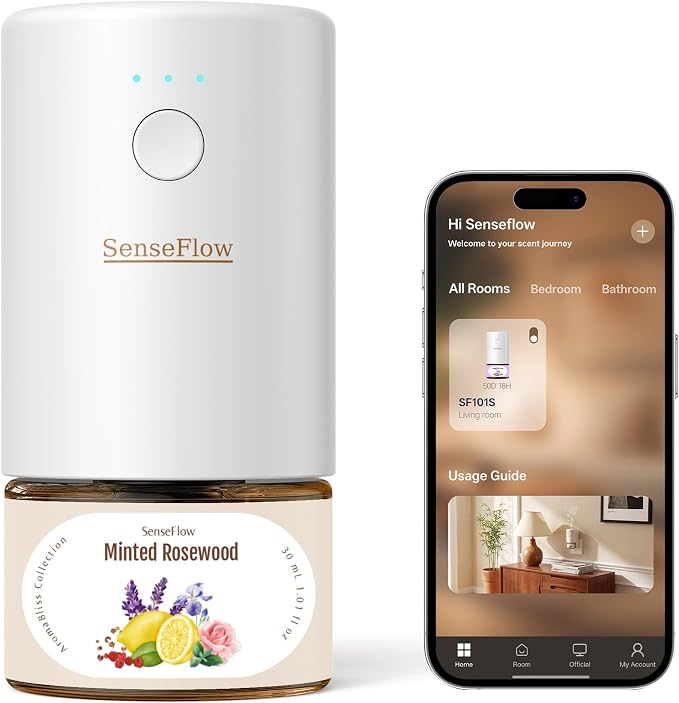 SF101S Pro Smart Plug in Air Freshener for Home, Waterless Essential Oil Diffuser, Aromatherapy Home Diffuser, 120-Day Natural Aroma Mist – Free 30ml Minted Rosewood (Tan Brown)