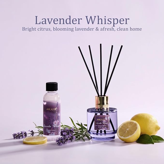 Airkeep Reed Diffuser Set with Refill & 8 Reed Sticks, 6.96 fl oz Lavender Whisper Home Fragrance, Long Lasting Aromatherapy Diffuser for Bedroom, Bathroom & Living Room