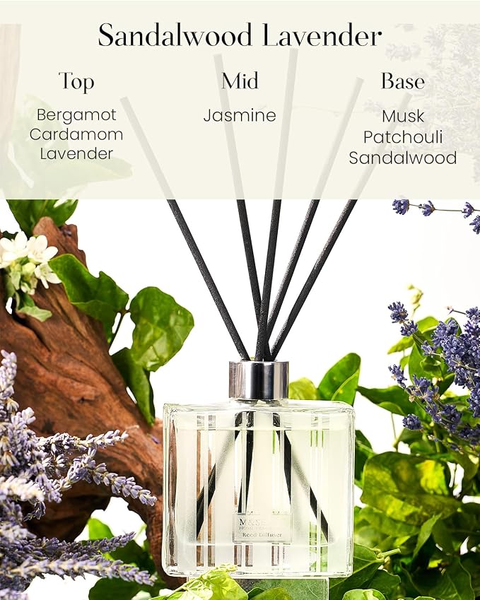 M&SENSE Sandalwood Lavender Reed Diffuser Set - 7.04 fl oz Scented Diffusers for Home, Long-Lasting Non-Toxic Fragrance Oil Aroma with Sticks, Housewarming Gifts for Bedroom Bathroom