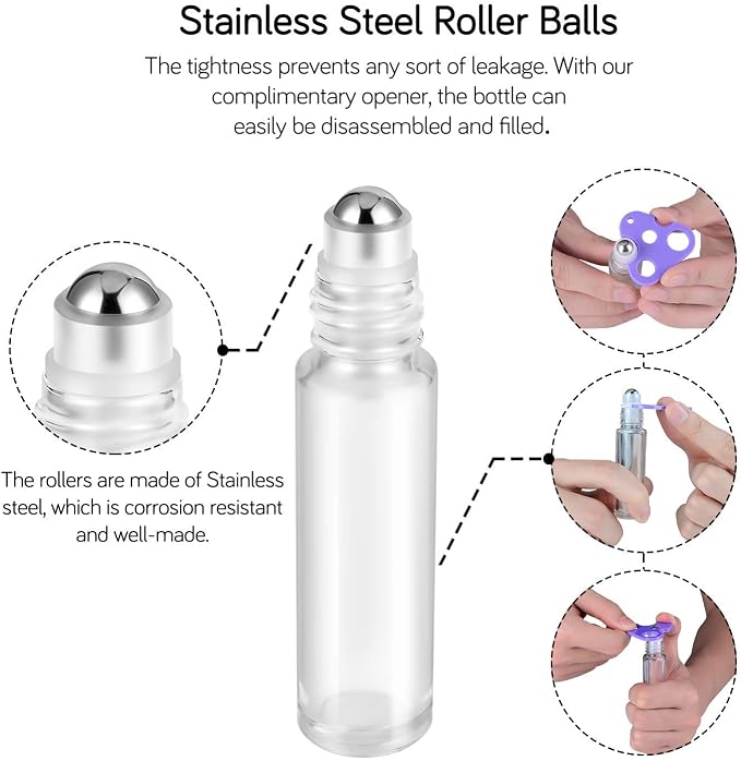 PrettyCare Set of 60, 10 ml Essential Oil Roller Bottles with Stainless Steel Roller Ball - Bulk Refillable Leak-proof Empty Clear Glass Roll on Bottles with Silver Metal Caps for Travel, Perfume