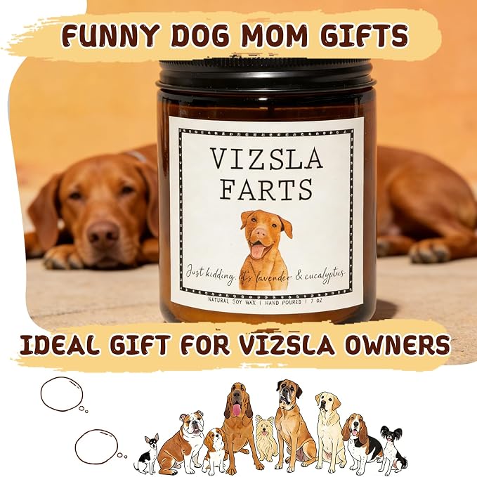 Smells Like Vizsla Farts Candle - Vizsla Gifts & Decor, Dog Mom Gifts - Lavender & Eucalyptus Soy Wax Scented Candle, 50Hr Burn