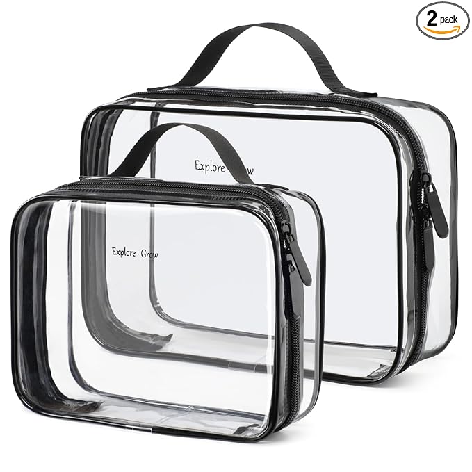PACKISM Clear Makeup Bag Combo Pack, 1 TSA Approved Medium & Large for Checked Luggage, Clear Toiletry Bag with Handle, Water-resistant Travel Essentials Organizer, Elegant Black