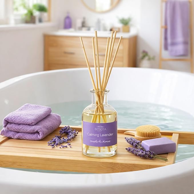 Natural Reed Diffuser Set, Calming Lavender 3.52 oz (100ml) Scented Diffuser with Sticks Home Fragrance Reed Diffuser for Bathroom Shelf Decor, Ideal Gift for Woman