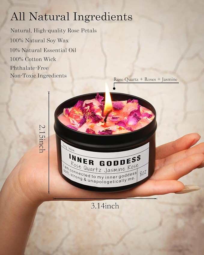 Inner Goddess, Candle Gift with Rose Quartz Crystal Floral Scented, Soy Wax Candle for Self-Care and Feminine Energy.