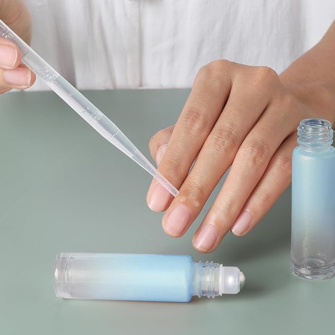 SESENSE Essential Oil Roller Bottles, 10ml Thick Glass Perfume Roller Bottles with Funnel Opener and Dropper Colored Glass Empty Bottles with Stainless Steel Roller Balls (Blue, 4 Pack)