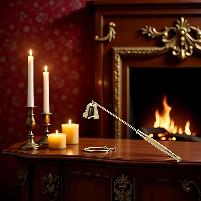 Gold Metal Candle Snuffer with Long Handle,Wick Extinguisher,Elegant Home Decor, Candle Accessories and Fireplace Tools (Antique Gold Finish)